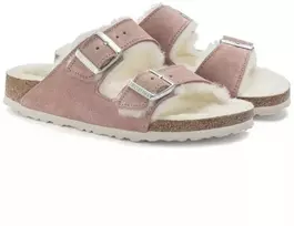 Birkenstock Arizona zomšas ādas kažokādas ar polsterējumu, rozā māla LAF šauras čības (1023258)