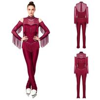 Women Figure Skating Glitter Rhinestone Jumpsuit Cold Shoulder Long Sleeve Tiered Tassel Leggings One Piece Bodysuit for Gymnastics Dance Competition S bordinė