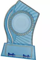Plastikinis trofėjus - skaidrus - auksinis su vieta 50 mm lipdukui ir 65 mm x 23 mm TM plokštelei