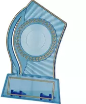Plastikinis trofėjus - skaidrus - auksinis, su vieta 25/40mm lipdukui ir 56mmX18mm TM lentelės