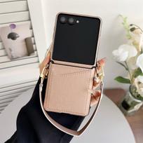 Leather Wallet Phone Case Samsung Z Flip 7 6 5 4 5G Card Slot Bag Cover for Galaxy Z Flip7FE Flip6 Wrist Strap Chain Soft Cover Galaxy Z Flip7 rožinė