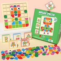 Wooden Geometric Mosaic Puzzle Montessori STEM Educational Toy Non Toxic Natural Wood Shape Matching Blocks For Kids Ages 3-6