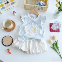 Summer Girls Dopamine Sweet Cartoon Striped Top With Bud Shorts Lace Trim Two Piece Set Cute Kids Outfit 90cm