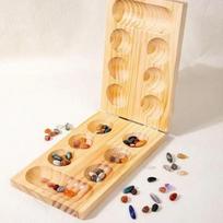 Wooden Foldable Mancala Board Game With Colorful Glass Stones For Family Game Nights Travel beige