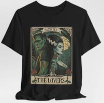 Monster Lovers Tarot Card T-Shirt Gothic Frankenstein Horror Romance Halloween 4XL