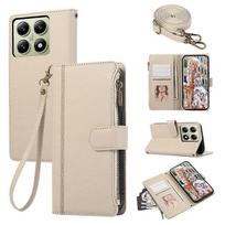 Compatible For Xiaomi 14T Pro Case Multi Card Slots Zipper Leather Phone Cover with Shoulder Strap / Wrist Strap smėlis