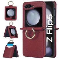 Leather Ring Phone Case for Samsung Galaxy Z Flip 7 6 5 4 3 Flip6 Flip5 Flip4 Flip7 Wallet with Card Holder Shockproof Cover For Galaxy Z Flip7 vyno raudonos spalvos