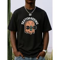 European sizes Men's Skateboarding T-Shirt -  Black Skateboard & Wheel Graphic Tee -  Loose Fit Casual Shirt for Skate Parks, Streetwear S juoda