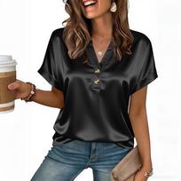 Women's Elegant Satin Button-Up V-Neck Short-Sleeve T-Shirt Top L juoda