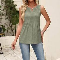 Women's Fashionable V-neck Loose Casual Pleated Sleeveless Vest Top L žalsvai mėlyna
