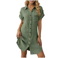 Dresses For Women Short Sleeve Button Down Lapel Maxi Dress Casual Loose Fit Fashion Beach Dress L armijos žalia spalva
