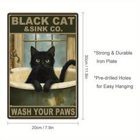 Vintage Black Cat Wash Your Paws Metal Tin Sign  Humorous Bathroom Wall Art Rustic Farmhouse Decor for Home Bathroom Decor 20x30cm（7.8x11.8inch）