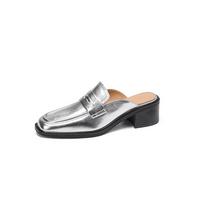 2024 New Women Genuine Leather Shoes High Heels Loafers Shoes Comfort Closed Toe Slippers Female Summer Shoes Slippers Women 34 sidabras