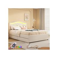 Lit rembourré - MUVOE - 90x200 cm - Beige - Éclairage LED télécommandé - 2 tiroirs de rangement smėlis