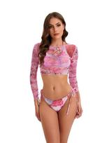 Blokuotos spalvos liekninantis seksualus kasdienis madingas maudymosi kostiumas atostogoms Dažytas tie-dye tinklinis ilgomis rankovėmis bikini trijų dalių komplektas S rožinė