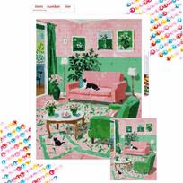 5D Full Round Diamond Painting Kit Pink Green Living Room with Two Black White Cats Home Landscape Wall Art Round 20x30cm