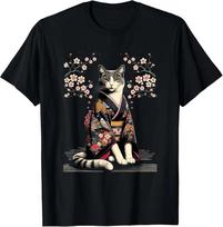 Men's and Women's T-shirts Kawaii Cat Anime Japanese Retro Men Women Funny Cat T-Shirt L