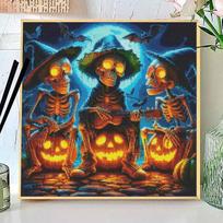 Halloween Band Skeleton Pumpkin Lantern Diamond Painting Full of Diamonds Moon Night Guitar Wizard Skeleton DIY Dot Diamond Decorative Painting Round 20x20cm