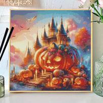 Fantasy Autumn Pumpkin Castle Diamond Art Kit, Cute Pumpkin Lantern Table Decor DIY Crafts Home Decor Round 20x20cm