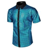 Shirt Lattice Sequin Men Clothing Costume For Halloween Party Cosplay Party Blue,XXL