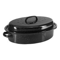Patogus emaliuotas kepimo indas su dangčiu vištienai, jautienai, kiaulienai ir daržovėms. Atsparus karščiui iki 500 laipsnių. 16 inches black
