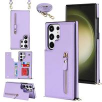 Crossbody Zipper Wallet with Card Holder Phone Case for Samsung Galaxy S23 S21FE S25 S24 S22 Plus Note 20 Ultra Leather Cover Galaxy S24 violetinė