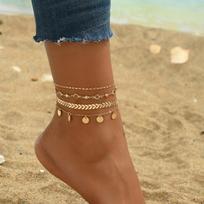4PCS Layered Stackable Gold Arrow Herringbone Glass Rhinestone Disc Anklet Set Dainty Boho Summer Beach Jewelry for Wome