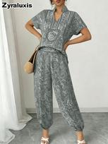 Spring/Summer Suli Printed Casual Set Men's Stand-Collar Top with Pants Women's Two Piece Outfit S pilka spalva