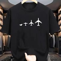 Men Cotton Crew Neck T-Shirt with Airplane Evolution Print Casual Sporty Short Sleeve Tee Slight Stretch Knit Fabric S