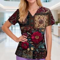 Women's V-neck Three-pocket Short-sleeved Retro Print  Uniform/caregiver Top With Slits At The Hem L tamsiai mėlyna spalva