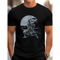 Men's Samurai Warrior Katana Print T-Shirt - Anime & Manga Style Black Short Sleeve Tee with Kanji-Inspired Text & Katana Design, All-Season S juoda