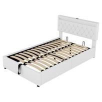 Upholstered Bed 140x200CM Platform with LED Ambient Light 24-Button Remote Control USB Type-C Charging Port Double Modern White/Grey Large Storage balta