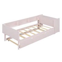 Upholstered Bed 90x200cm, Flat Bed, Children Sofa with Pull-Out Computer Desk, Strong Wood Slat Support Three Shelves on The Side of Pink Youth rožinė