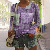 Vintage Patchwork Print Women's Cotton T-shirt Round Neck Harajuku Long Sleeve Pullover Female Oversized Ladies Clothing S