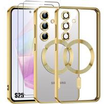Case for Samsung Galaxy S25 - with Magnetic Ring - Gold + 2 Tempered Glasses - BOOLING® auksas/skaidri