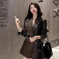 Leather jacket autumn new casual retro temperament waist strap medium and long suit collar leather jacket fashion S
