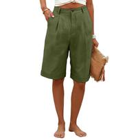 Women's Color Casual Fashionable Breathable Loose Cotton Linen Five Quarter Pants L armijos žalia spalva