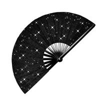 M-Modern-Folding Glitter Rave Fan Withleg Strap Andfabric Case Bag Foredm,Festival,Club,Party,Dance Black juoda