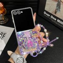 For Samsung Galaxy Z Flip 7 FE 6 5 4 3 Flip7 5G Luxury Crystal Vivid Butterfly Flower Diamond Stone Pearl Wrist Phone Case Cover Galaxy Z Flip4 violetinė