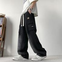 Summer Men's Straight Jeans Pockets Wide Leg Denim Cargo Pants Lightweight Baggy Jeans Trousers M juoda