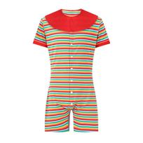 Mens Striped Pajamas Bodysuit Removable Bibs Front Button-down Short Sleeve Shorts Bottom One-piece Loungewear S raudona
