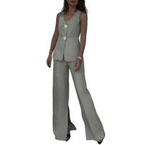 Yousheng Women Commuting Suit V-neck Sleeveless Top Wide Leg Pants with Split Ends Urban Casual Style Two-piece Set Commuter Outfit for Work Parties M pilka