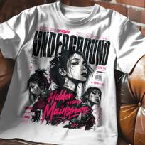 Women's Graphic Print T-Shirt with »UNDERGROUND« Cyberpunk Slogan and a Woman's Portrait for Dystopian Techwear Outfits XL