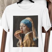 Men's and Women's T-shirts Funny Vermeer Parody T-shirt – 'Girl with a Hot Dog' Modern Twist on Classic Art XXL