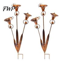 Calla Lily Garden Stake 2 Pcs Flamed Copper Three Lilies with Bells, Handmade Rain Catcher Artistic Ornament Flower, Metal Plant Yard Art, Rustic Wind 2pcs