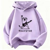 Vintage Rock Star with Music Cat Design Hoodie Kids Cat Children's Sweatshirt Hoody for Boys Girls Hip Hop Casual Hoodies 110 violetinė