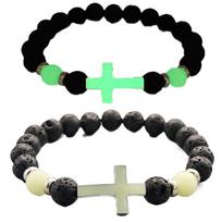 Retro Volcano Stone Bead Bracelet Luminous Cross Bangle Geometric Men’s Beaded Bracelet  for Summer žalia