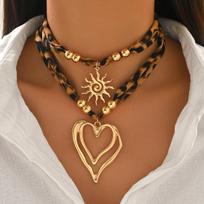 Leopard Print Layered Ribbon Choker Necklace Gold Y2K Heart Sun Pendant Adjustable Bohemian Jewelry for Women