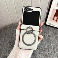 Frosted Leather Ring Holder Magsafe Magnetic Phone Case for Samsung Galaxy Z Flip 7 6 5 4 3 Flip7 FE Flip6 Wireless Charge Cover Galaxy Z Flip7 balta