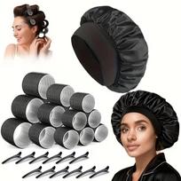 31Pcs Heatless Hair Curlers Set with 18 Self Grip Rollers 12 Clips Satin Nightcap for Overnight Natural Waves Styling Kit